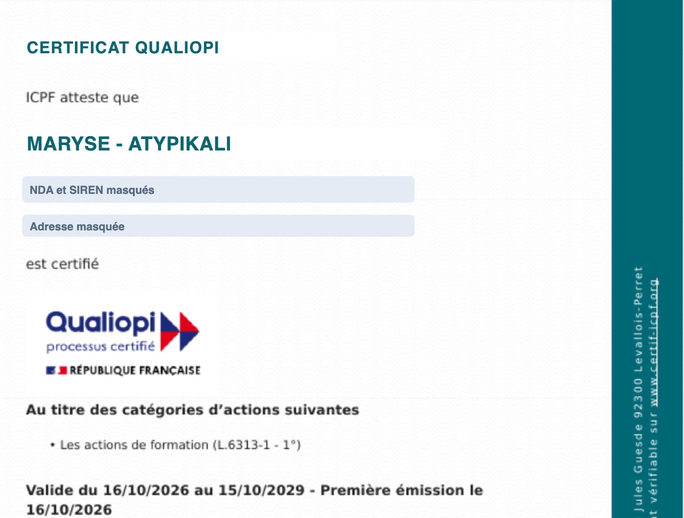 Certificat Qualiopi d’Atypikali délivré par l’ICPF, valide du 16 octobre 2026 au 15 octobre 2029, données personnelles masquées